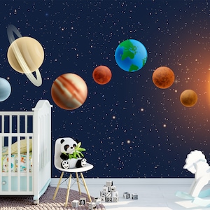 Solar System Wallpaper Nursery, Galaxy Wallpaper Removable, Planet Wallpaper Non Woven, Night Sky Planets Wall Decoration Kids Room