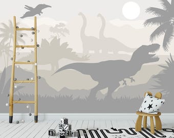 Pastel Dinosaurs Wallpaper Mural - Dinosaur Wall Paper Baby Nursery - Dino Decoration Boys Bedroom - Jurassic World Decor Playroom - T-Rex