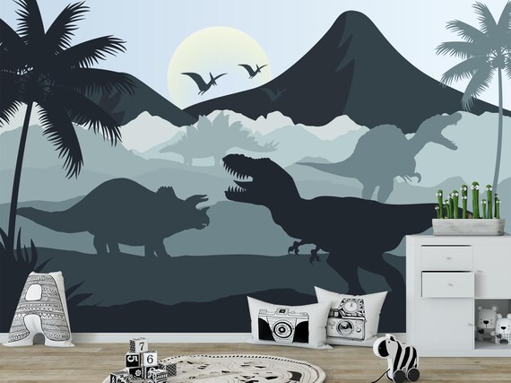 Jurassic World Dinosaur Wallpaper – Blue Nursery Wall Mural, Volcano Trex Boys Room Decor, Dino Wall Paper Peel and Stick Mountain Landscape