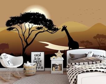 Safari Wallpaper Nursery. Africa Wall Mural Toddler Removable. Giraffe Accent Mural Kids. Brown Wallpaper Roll Gender Neutral Wall Art