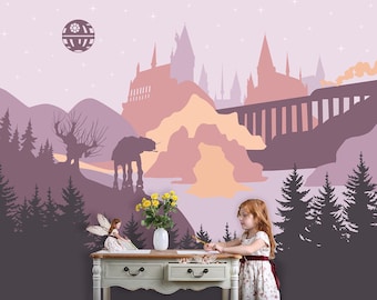 Wizard Castle Wallpaper – Magical Forest Wall Mural for Girls Room, Peel and Stick Fairy Tale Castle, Kids Woodland Playroom Wall Decor