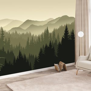 Green Mountain Wallpaper Nursery, Forest Wall Mural Bedroom, Woodland Adventure Wall Art, Watercolor Hills Nature Wall Decor Peel and Stick