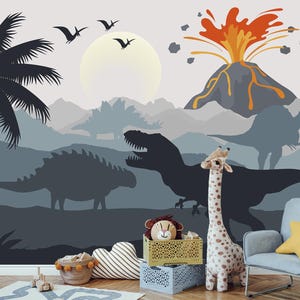 Jurassic World Dinosaur Wallpaper – Grey Nursery Wall Mural for Boy, Volcano Trex Kids Room Decor, Removable, Non-Woven Dino Wallpaper Blue