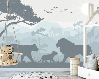 Safari Animals Wallpaper Boys Room. Lion family, Rhinoceros, Giraffe, Elephant Wall Mural African Animals Wallpaper Children Non Woven JK379