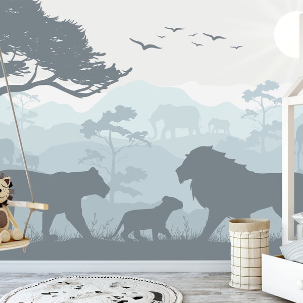 Safari Tiere Tapete Jungenzimmer. Löwenfamilie, Nashorn, Giraffe, Elefant Wandbild Afrikanische Tiere Wallpaper Kinder Vlies JK379