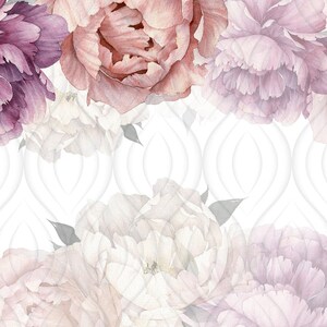 Watercolor Peony Wallpaper on White Background. Peonies Wall Mural Girl Room Decor. Purple Peony Flowers Wallpaper Nursery. Floral Wallpaper image 4
