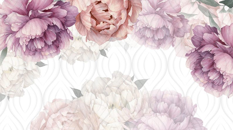 Watercolor Peony Wallpaper on White Background. Peonies Wall Mural Girl Room Decor. Purple Peony Flowers Wallpaper Nursery. Floral Wallpaper image 4