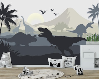 Dinosaur Wallpaper, Jurassic T‑Rex Mural - Peel And Stick, Blue Tropical Nursery, Dark Boys Room Decor