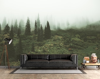 Foggy Pine Tree Forest Wallpaper – Green Nature Wall Mural, Woodland Landscape Accent Wall Peel and Stick, Forest Moody Wall Decor Realistic