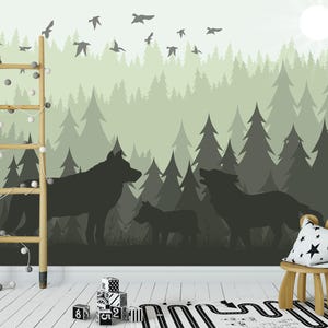 Wolf Family Wallpaper Removable. Wild Wolf Wall Mural Nursery. Woodland Wallpaper Boys Room. Pine Tree Forest Wallpaper Wildlife JK434