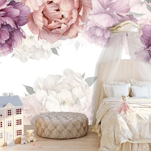 Watercolor Peony Wallpaper on White Background. Peonies Wall Mural Girl Room Decor. Purple Peony Flowers Wallpaper Nursery. Floral Wallpaper