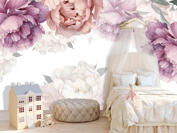 Watercolor Peony Wallpaper on White Background. Peonies Wall Mural Girl Room Decor. Purple Peony Flowers Wallpaper Nursery. Floral Wallpaper