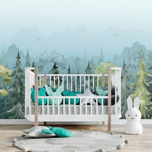 Forest Wallpaper Boys Room, Blue Mountains Wall Mural Removable, Woodland Accent Wall Art Infant Room, Watercolor Wall Decor Nursery GJ196