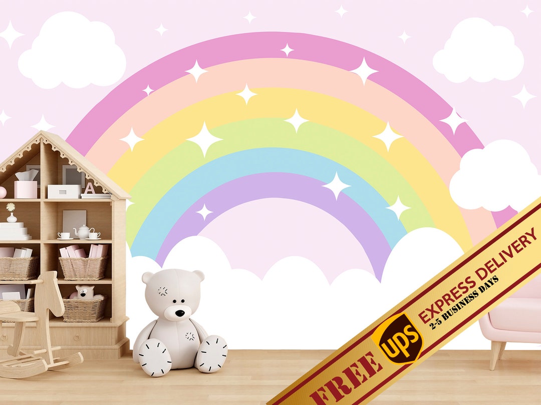 Large Rainbow With Clouds Wallpaper Baby Girls Room, Rainbow Wall Mural ...