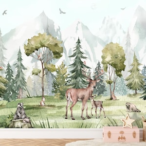 Woodland Animals Wallpaper Nursery, Mountain Wall Mural Forest Wallpaper Removable Kids Room, Watercolor Woodland Nursery Decor Cute Animals