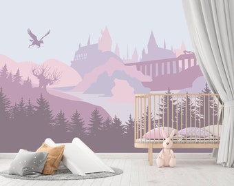 Wizard Castle Wallpaper Kinderkamer verwijderbaar, magisch kasteel voor kinderkamer zelfklevend, lavendelbehang speelkamer, bosbehang