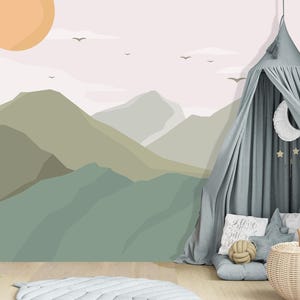 Mountain Landscape Wallpaper – Minimalist Kids Room Mural, Soft Pastel Nature Wall Art, Calm Nursery Decor, Scandi Style Green Landscape image 2