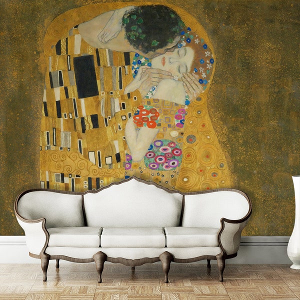 Klimt Wallpaper, Klimt The Kiss Wallpaper Mural, The Kiss Reproduction Wall Print, Removable Wallpaper Roll, Gold Wallpaper Bedroom