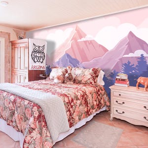 Mountain with Clouds Wallpaper Girl Room Mountains Wall Mural Pine Tree Forest Wall Paper Non Woven Watercolor Accent Wall Removable