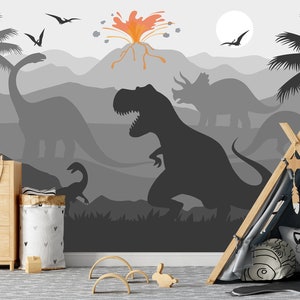 Dinosaur Wallpaper Removable Boys Room. Jurassic World Wall Mural for Kids. Trex Triceratops Wall Mural Nursery.  Grey Wallpaper Playroom