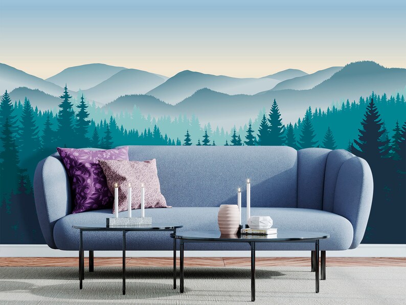 Mountain Nursery Wallpaper Forest Wall Mural Boys Room Blue - Etsy