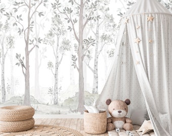 Birch Forest Landscape Wallpaper Kids, Woodland Neutral Nursery Wallpaper, Forest Wall Mural Peel and Stick Tree Forest Birds Wall Decor