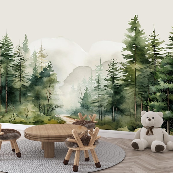 Woodland Wallpaper Nursery Removable Green Forest Wall Mural Mountain Wallpaper Roll Kids Room, Watercolor Nature Wall Paper Realistic