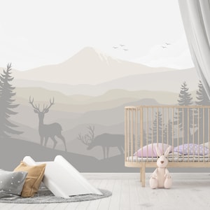 Pastel Ombre Mountains Wallpaper Kids, Woodland Wall Mural Removable, Deer Wall Paper Peel and Stick, Antler Wallpaper Nursery Nordic Forest