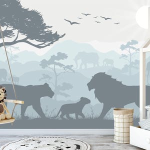 Safari Animals Wallpaper Boys Room. Lion family, Rhinoceros, Giraffe, Elephant Wall Mural, African Animals Decor Children, Tropical Nursery