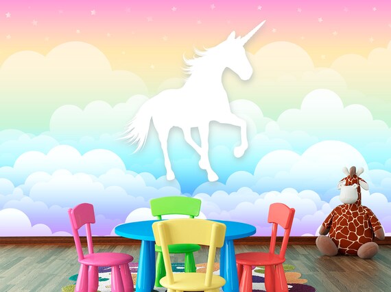 Unicorn Wallpaper for Girl Bedroom. Rainbow Pastel Wall Mural | Etsy