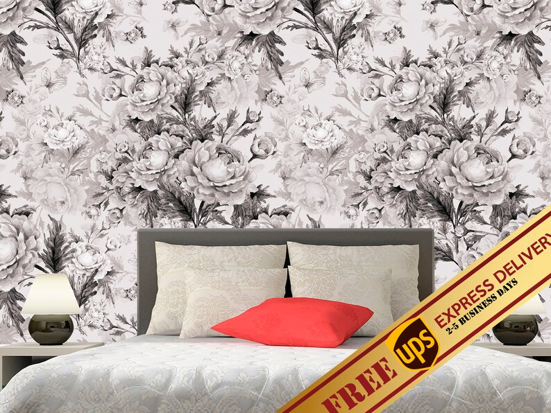 Black and White Peony Wallpaper Removable Non Woven Modern Etsy