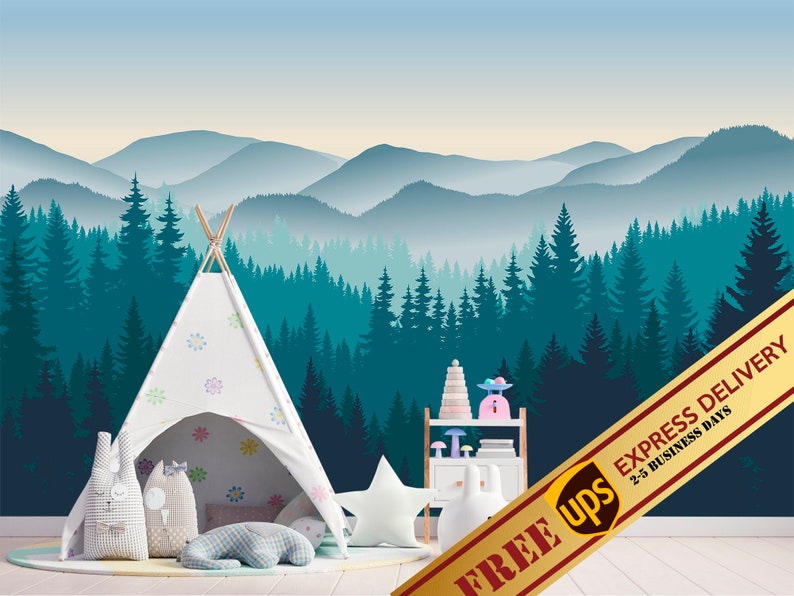 Mountain Nursery Wallpaper Forest Wall Mural Boys Room Blue Etsy