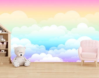 Colorful Clouds Wallpaper Nursery. Sky Wallpaper Rainbow Ombre. Clouds Wall Mural Kids Peel and Stick. Watercolor Wallpaper Removable JK723