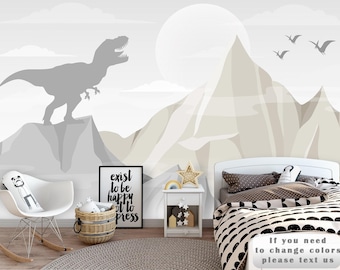 Jurassic World Wallpaper for Kids. Trex Wall Mural Nursery. Dinosaur Wallpaper Removable Boys Room Pastel Wallpaper Mauntains Playroom