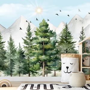 Woodland Baby Nursery Wallpaper Peel and Stick, Pine Tree Green Forest Wall Mural, Woodland Wall Decor Kids, Mountains Wall Paper Boys Room