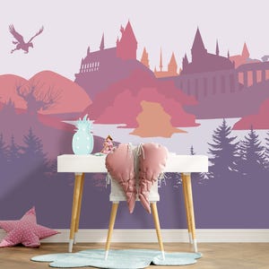 Wizard Castle Wallpaper Nursery – Magical Castle Mural, Peel and Stick Fairy Tale Wall Decal for Girls Room or Playroom, Woodland Wall Decor