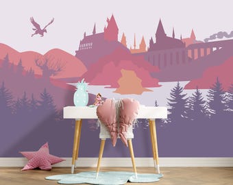 Wizard Castle Wallpaper Nursery – Magical Castle Mural, Peel and Stick Fairy Tale Wall Decal for Girls Room or Playroom, Woodland Wall Decor