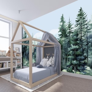 Woodland Wallpaper Nursery – Green Forest Wall Mural Peel & Stick, Mountain Kids Wall Decor, Landscape Nature Blue Wallpaper for Boy Room