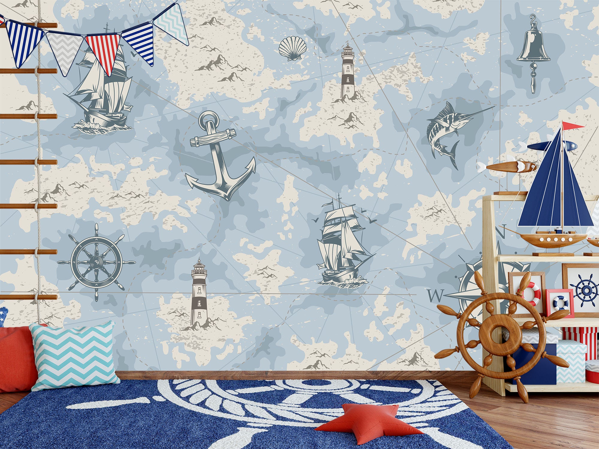 Nautical Elements Wallpaper. Marine Sea life Peel and Stick | Etsy