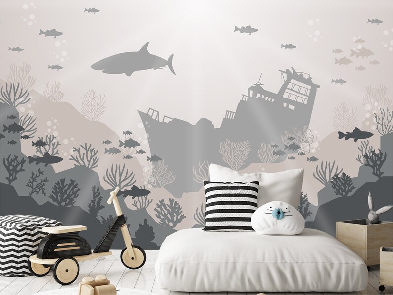 Nautical Wall Mural Baby Boy. Underwater Life Wallpaper Kids. Etsy