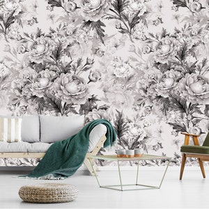 Black and White Peony Wallpaper Removable Non Woven Modern - Etsy