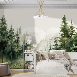 Woodland Wallpaper Nursery Removable Green Forest Wall Mural Mountain Wallpaper Roll Kids Room, Watercolor Nature Wall Paper Realistic image 3