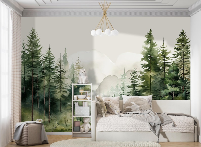 Woodland Wallpaper Nursery Removable Green Forest Wall Mural Mountain Wallpaper Roll Kids Room, Watercolor Nature Wall Paper Realistic image 3