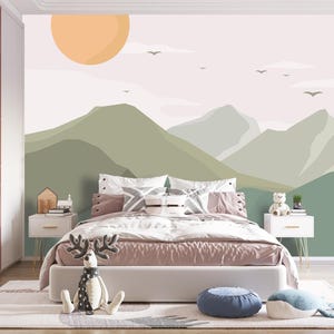 Mountain Landscape Wallpaper – Minimalist Kids Room Mural, Soft Pastel Nature Wall Art, Calm Nursery Decor, Scandi Style Green Landscape image 5