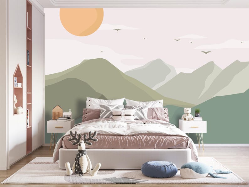 Mountain Landscape Wallpaper – Minimalist Kids Room Mural, Soft Pastel Nature Wall Art, Calm Nursery Decor, Scandi Style Green Landscape image 5