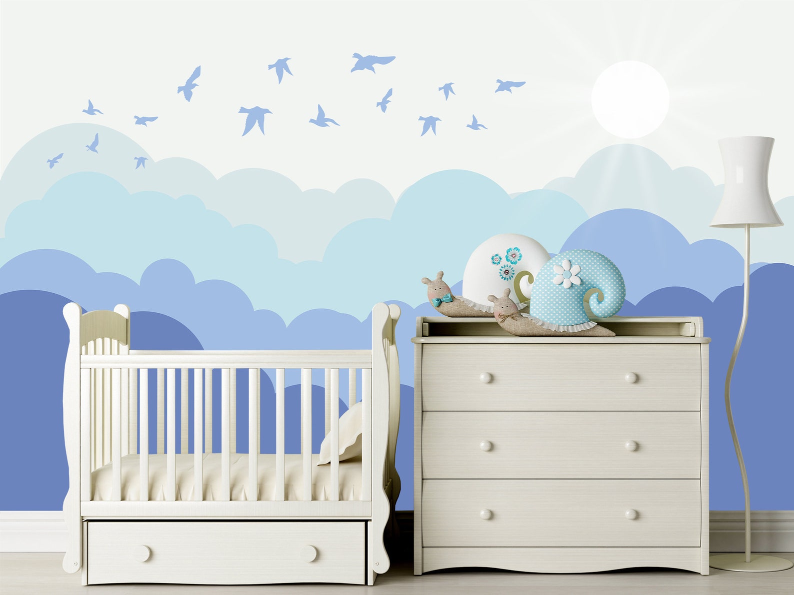 Blue Clouds Wallpaper Boy Nursery Clouds Wall Mural Etsy