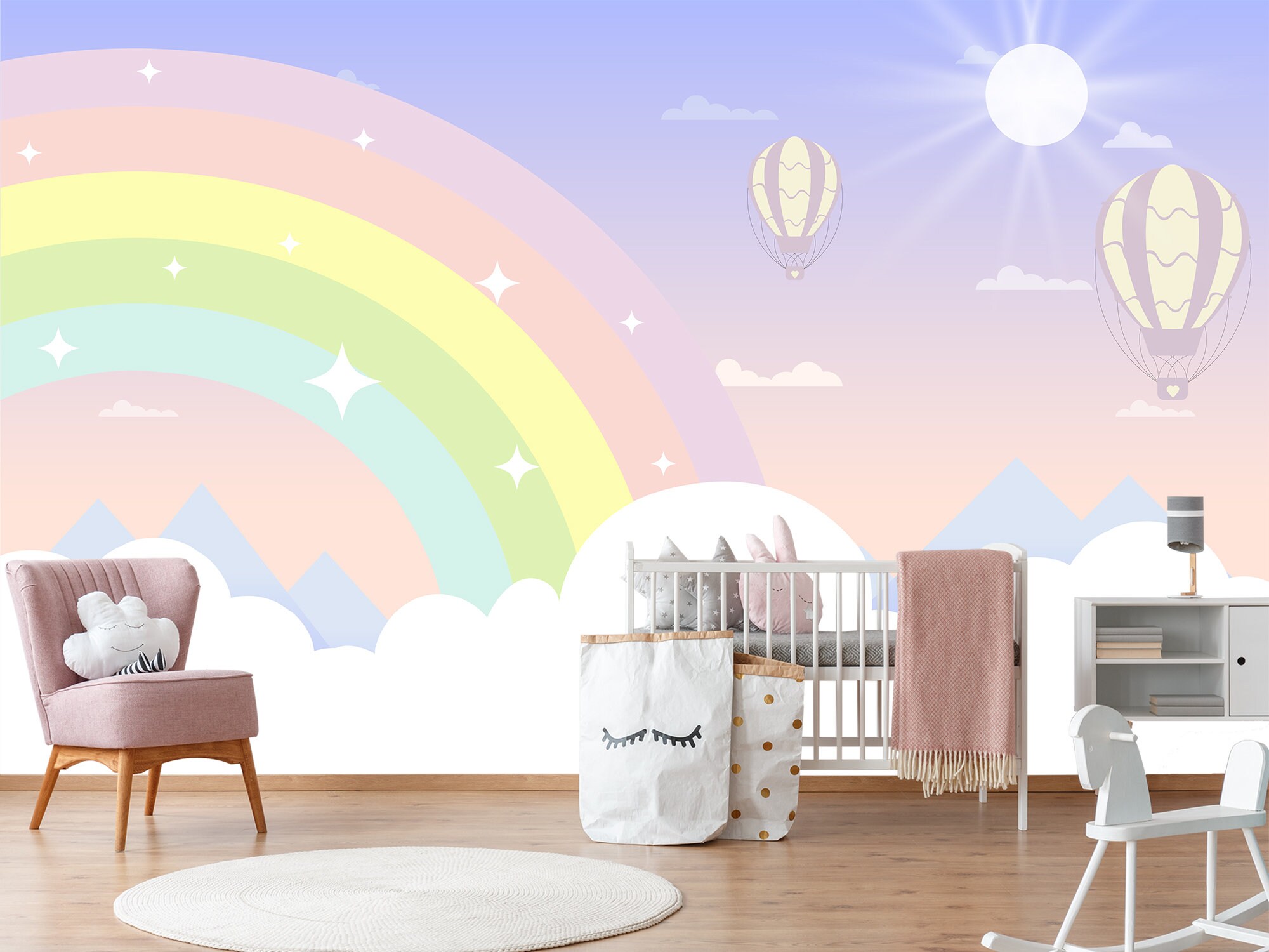 Watercolor Rainbow Wallpaper Baby Girl Room Large Rainbow Etsy