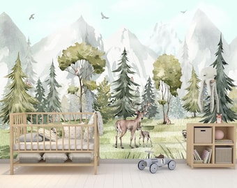Woodland Animal Wallpaper Mural, Forest Nursery Wallpaper, Mountain Wall Mural, Deer Woodland Peel and Stick Decor