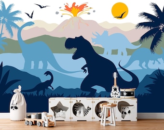 Jurassic World Wallpaper Nursery Removable. Dinosaur Wall Mural Boys Room. Trex Triceratops Wall Decor for Kids. Blue Wallpaper Playroom