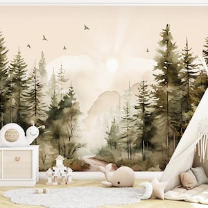 Woodland Forest Wallpaper – Pastel Mountain Mural for Nursery, Watercolor Tree Wall Decor, Peel & Stick Nature Sunrise Wall Art, Wildness